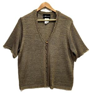 Sag Harbor Crochet Slinky Knit Cardigan Size Large Shiny Short Sleeve One Button